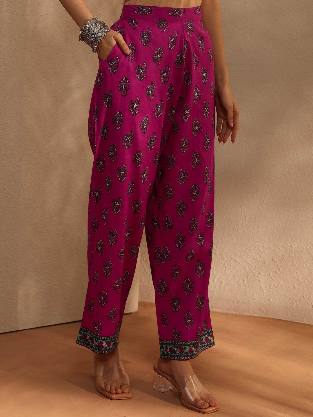  Pink Floral Printed Cotton Blend A-Line Suit Set With Dupatta 