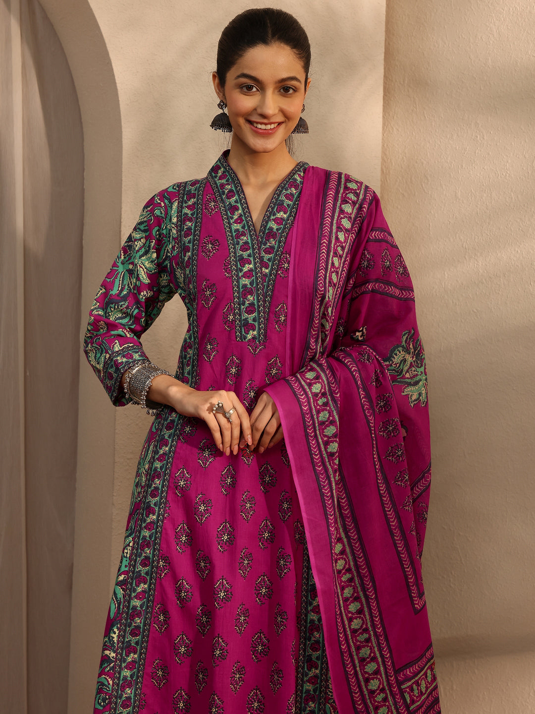  Pink Floral Printed Cotton Blend A-Line Suit Set With Dupatta 