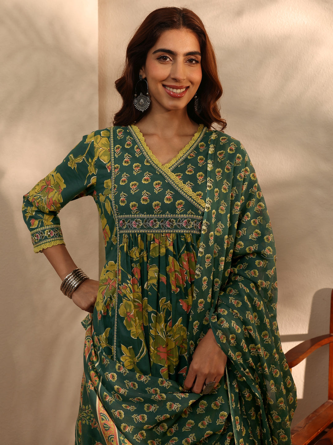  Green Floral Printed Cotton Blend A-Line Suit Set With Dupatta 