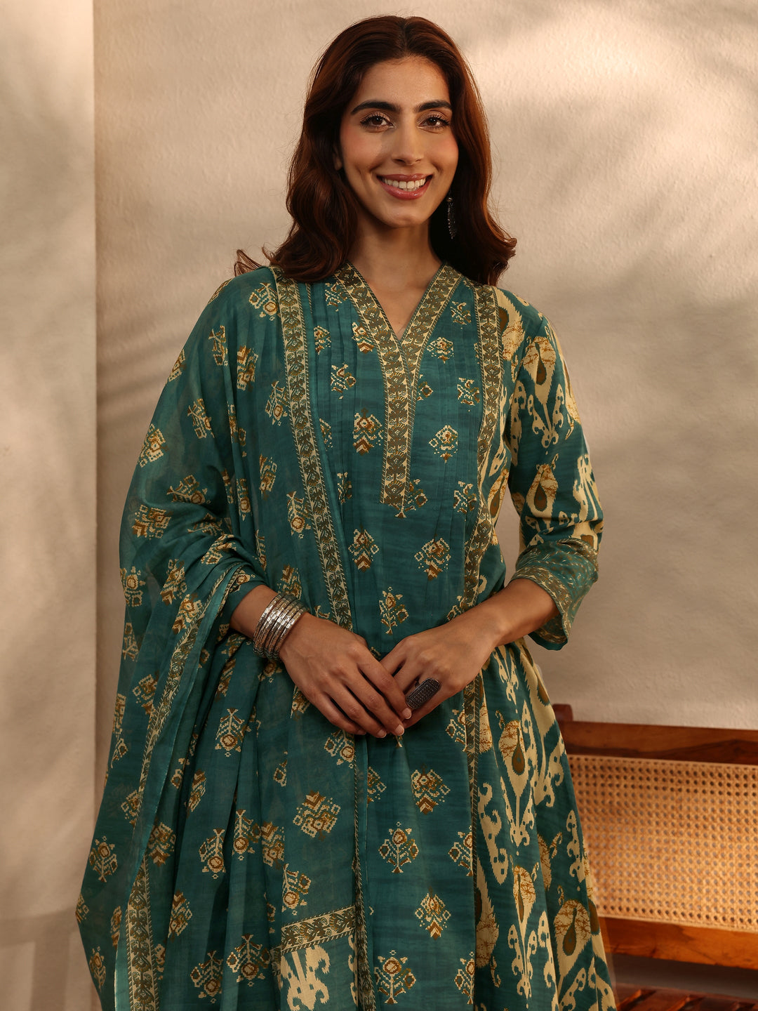  Green Floral Printed Cotton Blend A-Line Suit Set With Dupatta 
