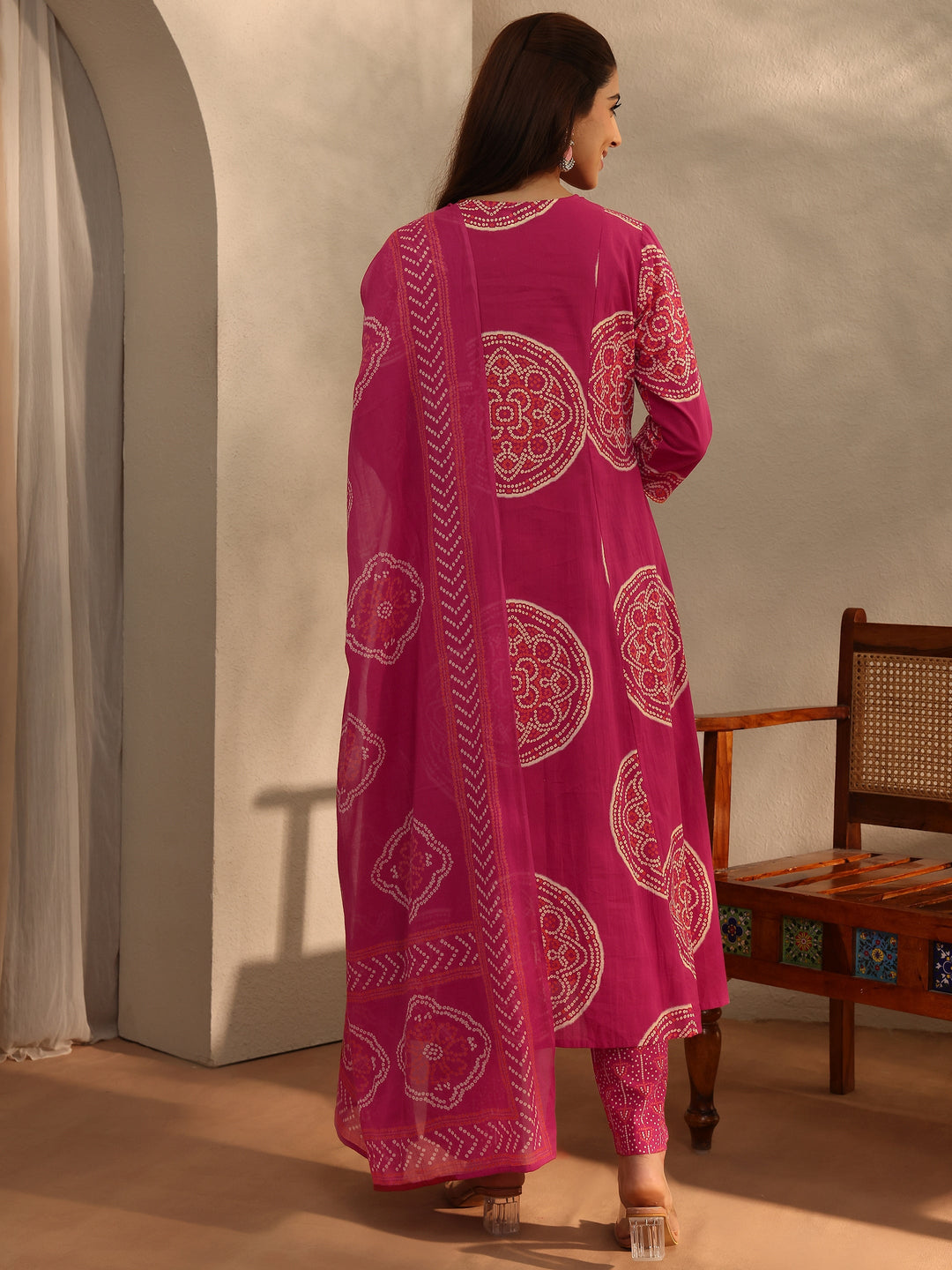  Pink Bandhani Printed Cotton Blend A-Line Suit Set With Dupatta 