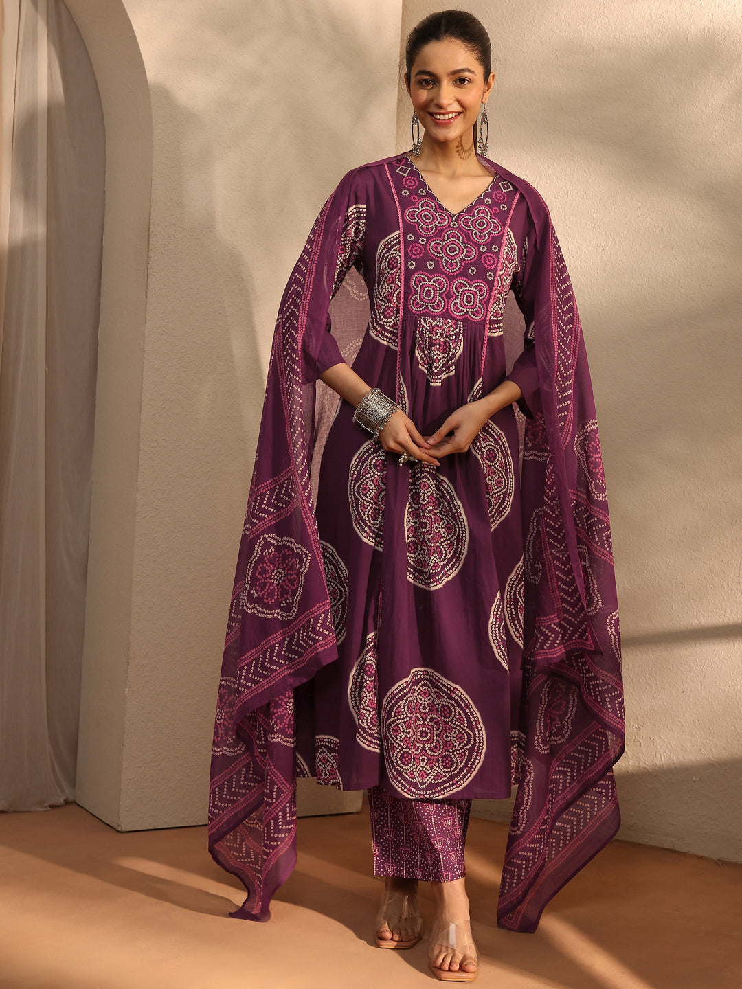  Burgundy Bandhani Printed Cotton Blend A-Line Suit Set With Dupatta 
