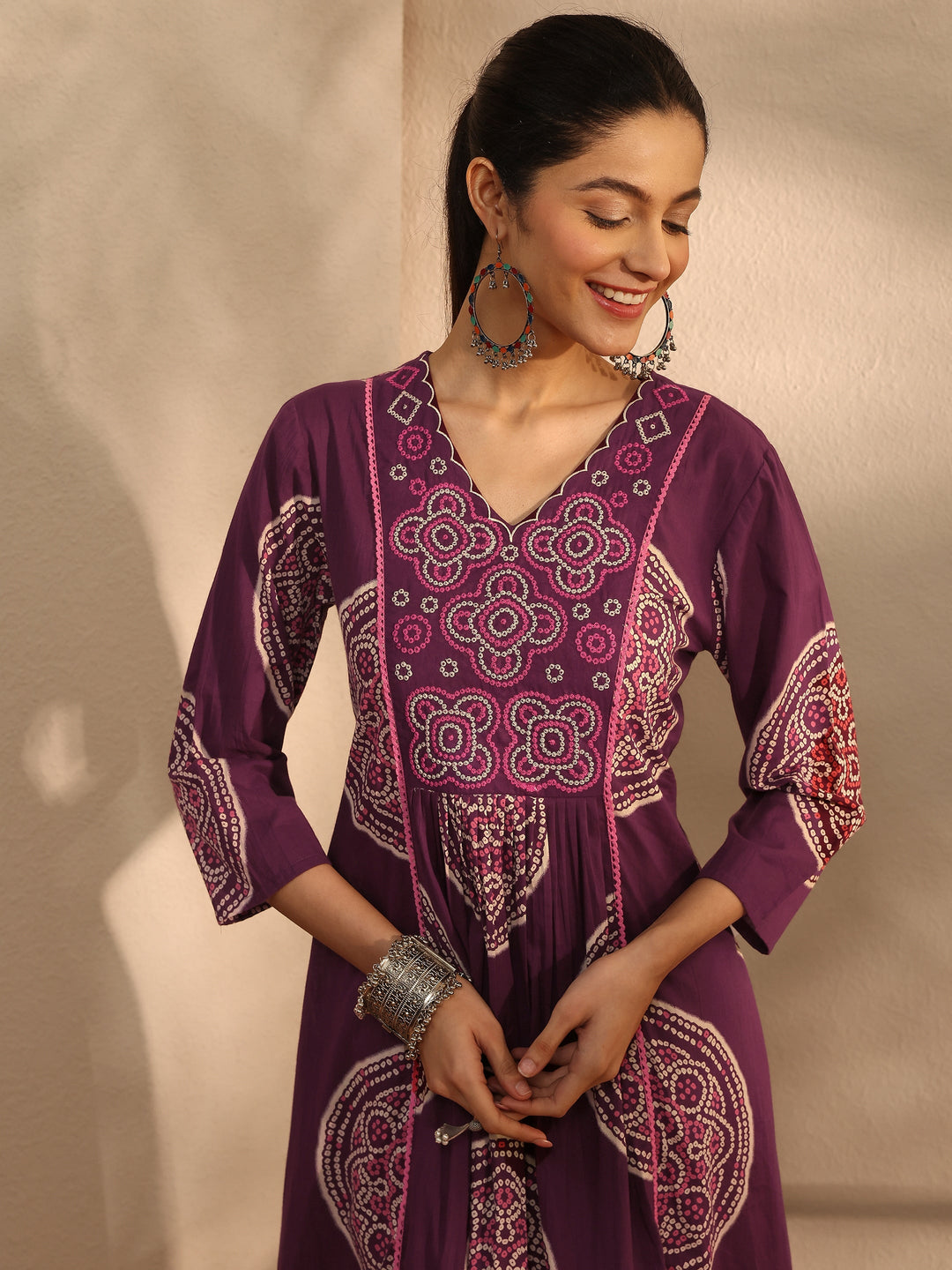  Burgundy Bandhani Printed Cotton Blend A-Line Suit Set With Dupatta 