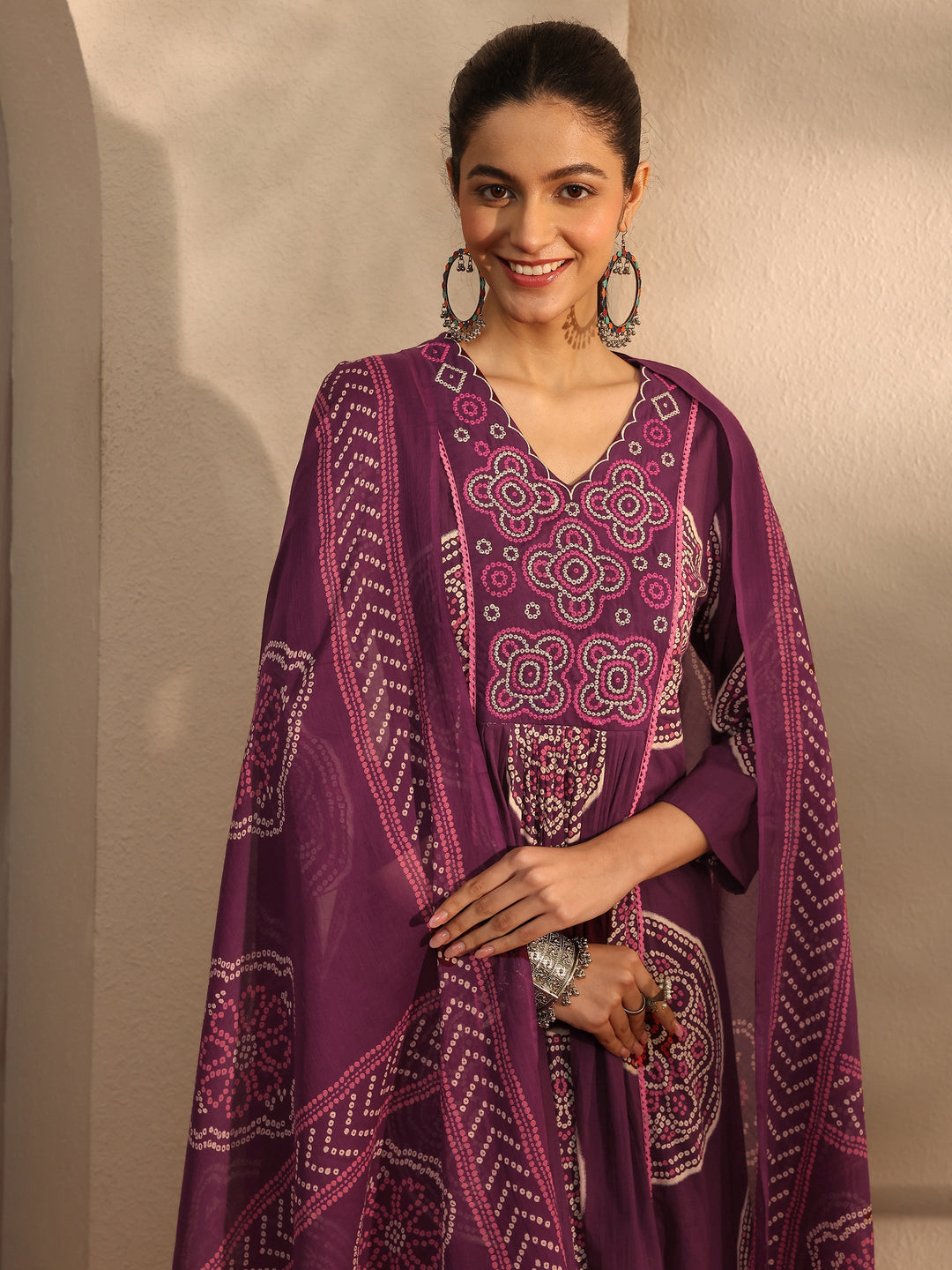  Burgundy Bandhani Printed Cotton Blend A-Line Suit Set With Dupatta 
