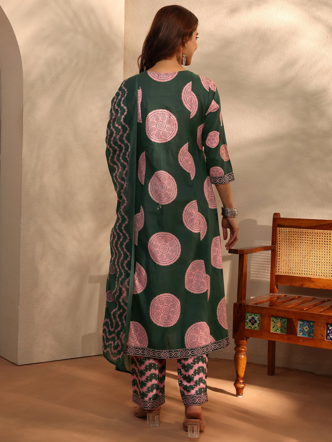  Green Bandhani Printed Cotton Blend A-Line Suit Set With Dupatta 