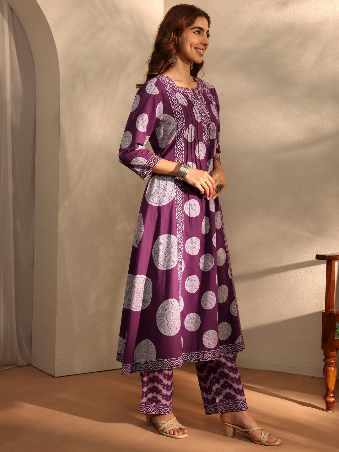  Burgundy Bandhani Printed Cotton Blend A-Line Suit Set With Dupatta 
