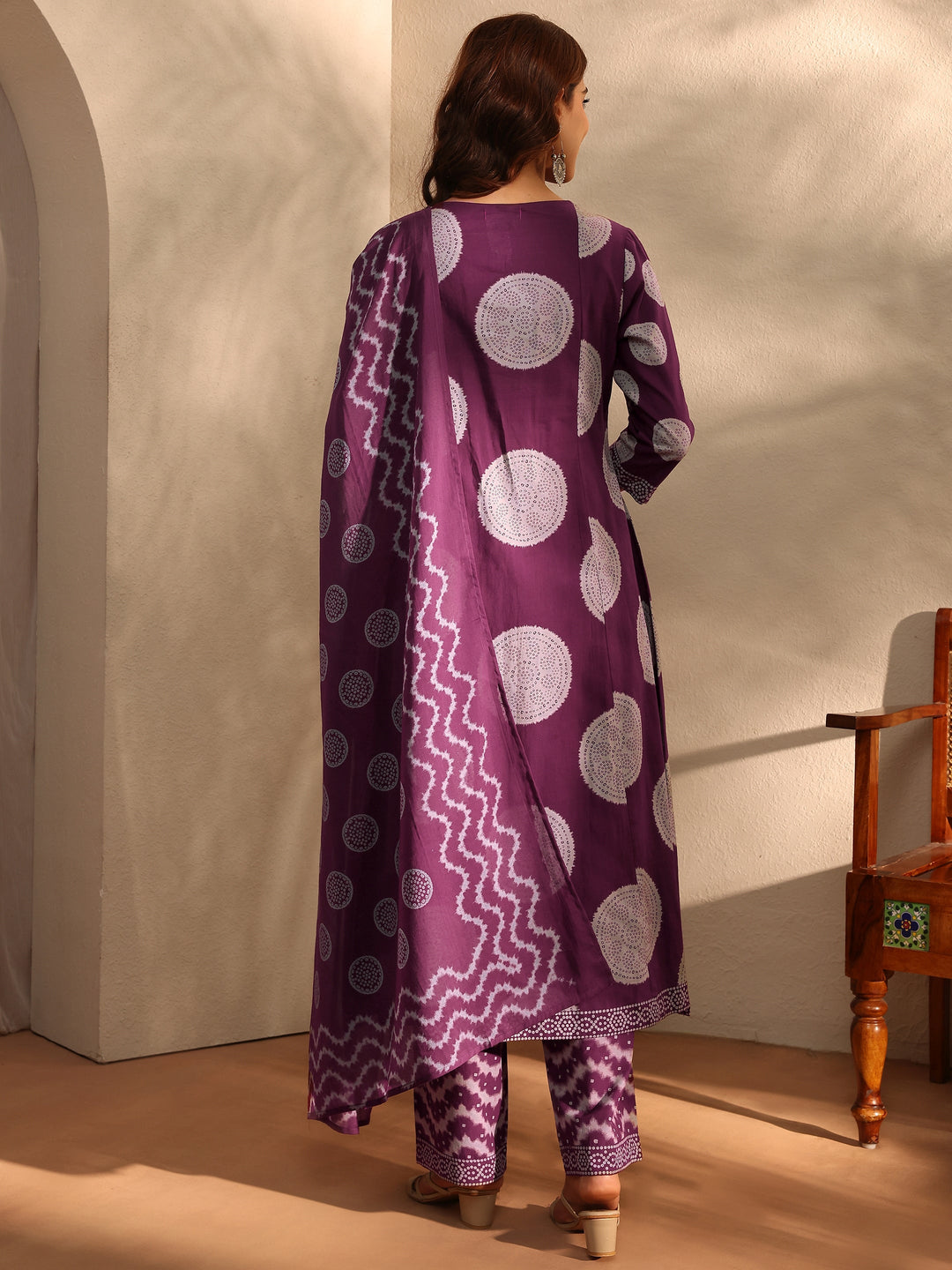  Burgundy Bandhani Printed Cotton Blend A-Line Suit Set With Dupatta 