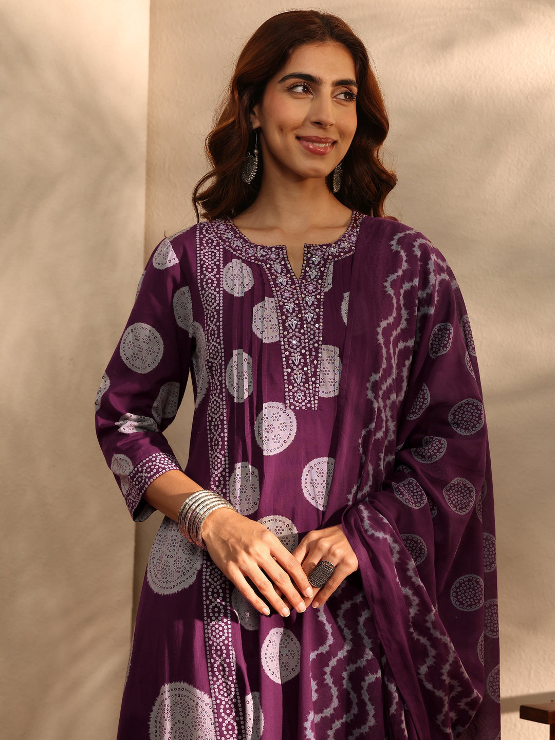  Burgundy Bandhani Printed Cotton Blend A-Line Suit Set With Dupatta 