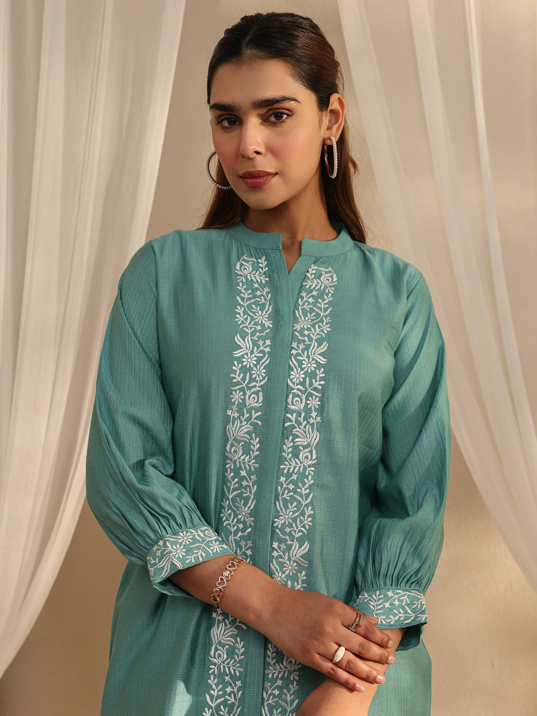  Green Floral Embroidered Silk Blend Co-Ord Set 