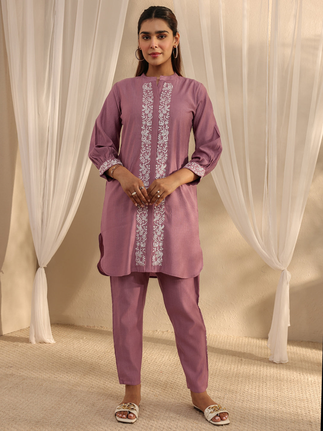  Mauve Floral Embroidered Silk Blend Co-Ord Set 