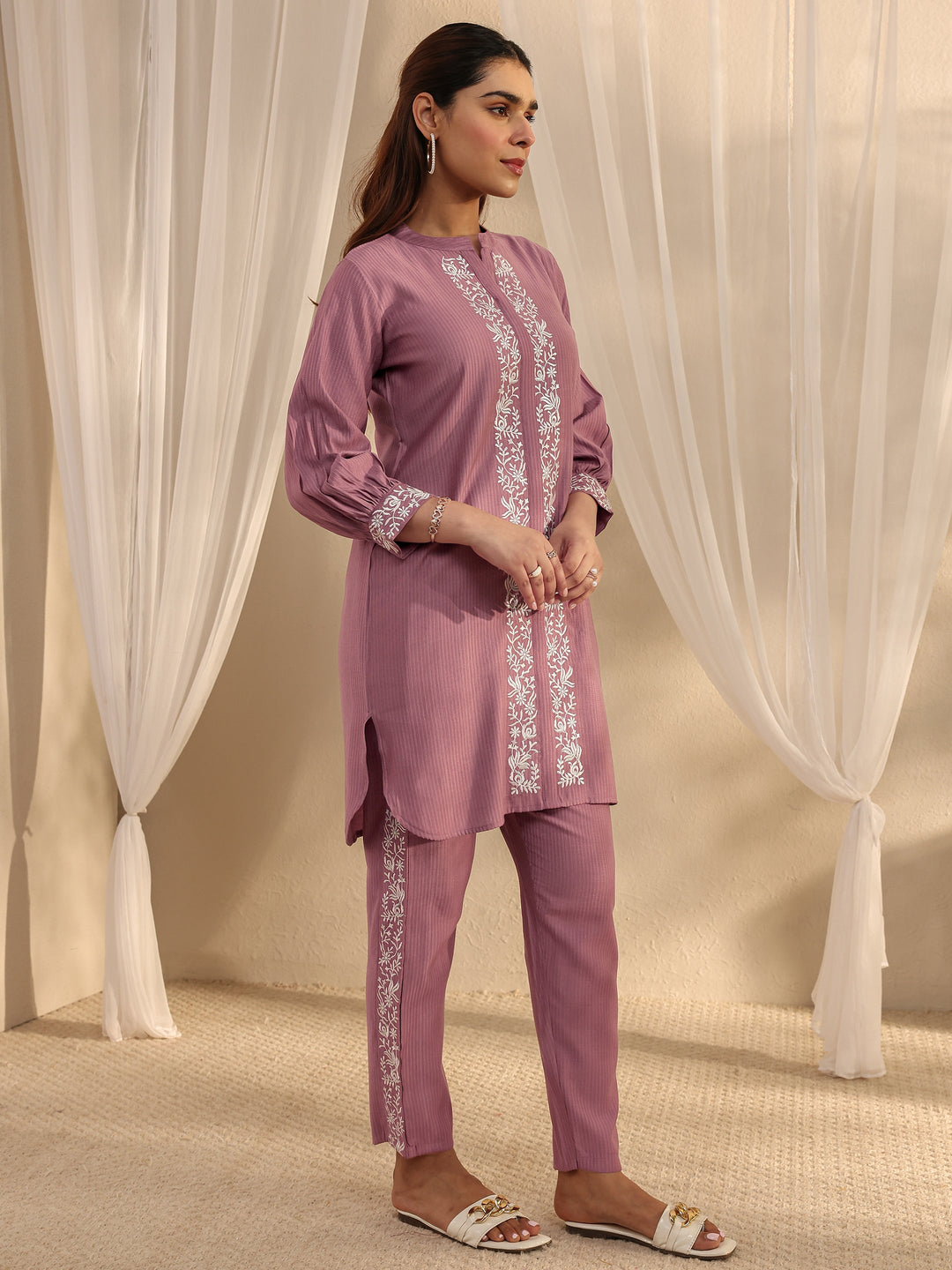  Mauve Floral Embroidered Silk Blend Co-Ord Set 