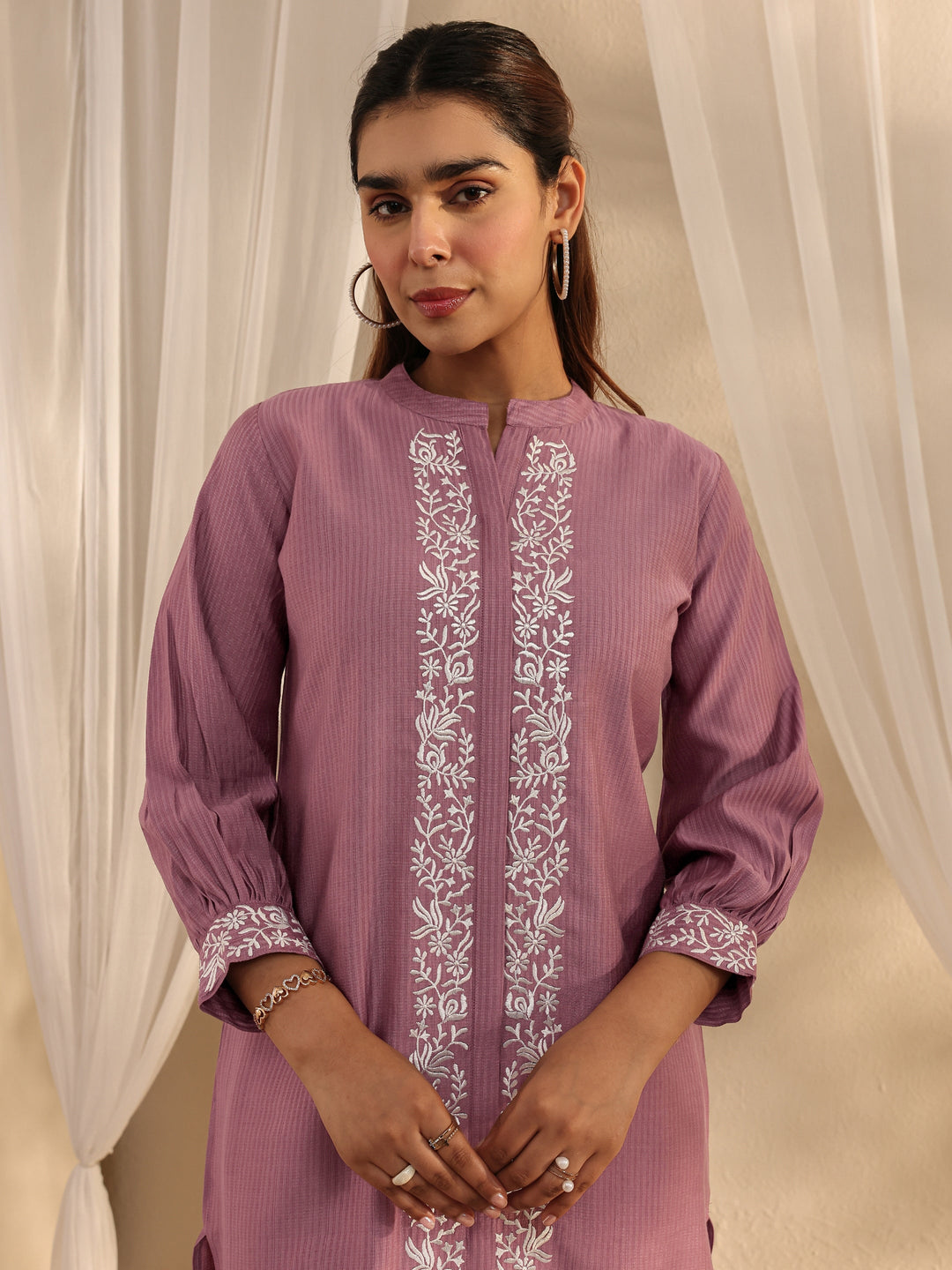  Mauve Floral Embroidered Silk Blend Co-Ord Set 