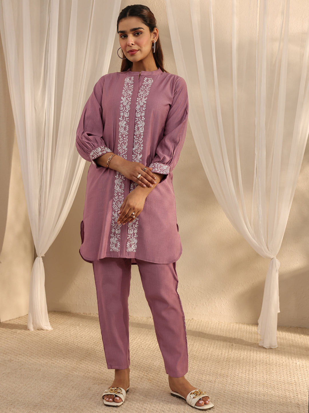  Mauve Floral Embroidered Silk Blend Co-Ord Set 