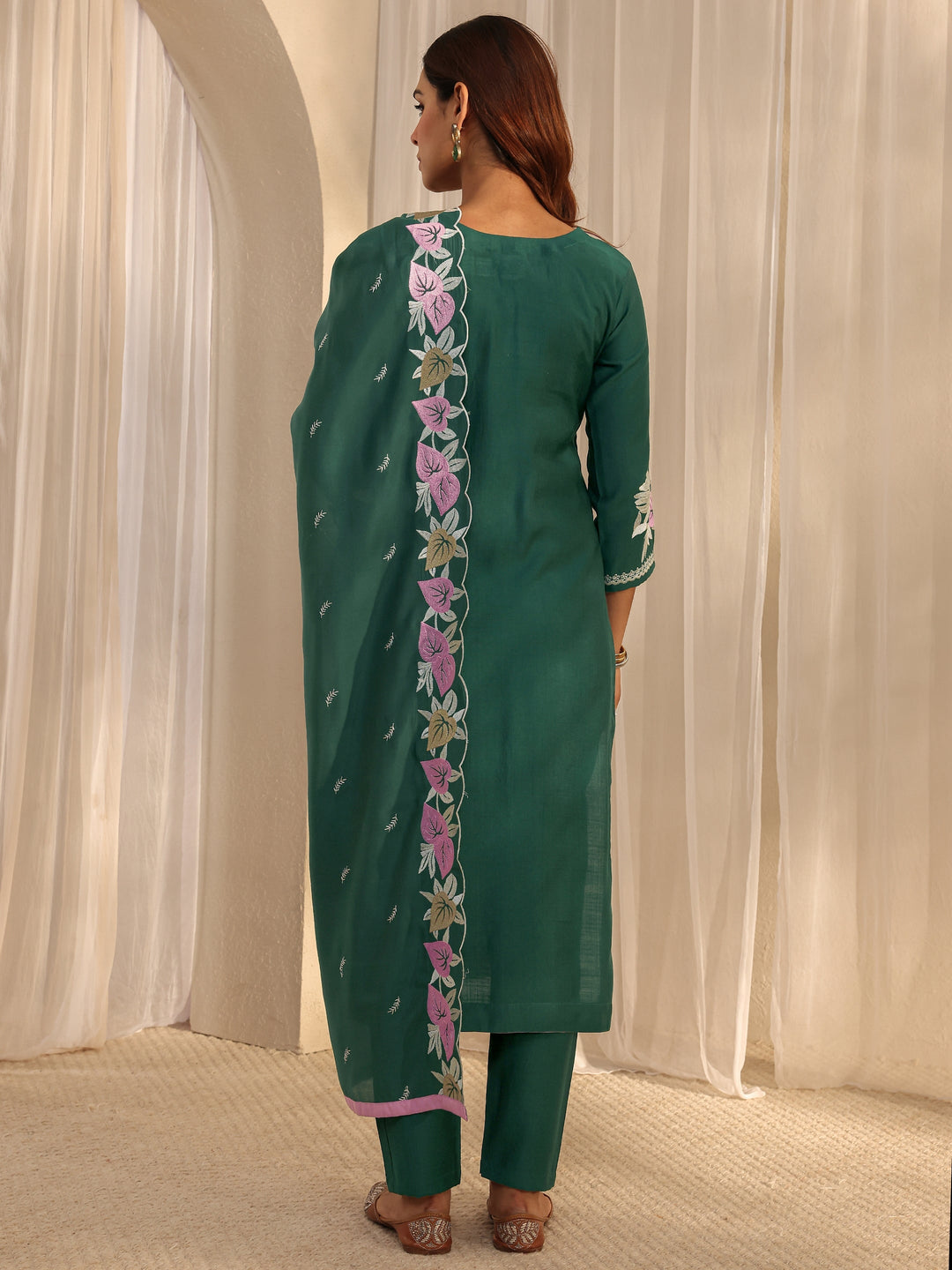  Green Floral Embroidered Silk Blend Straight Suit Set With Dupatta 