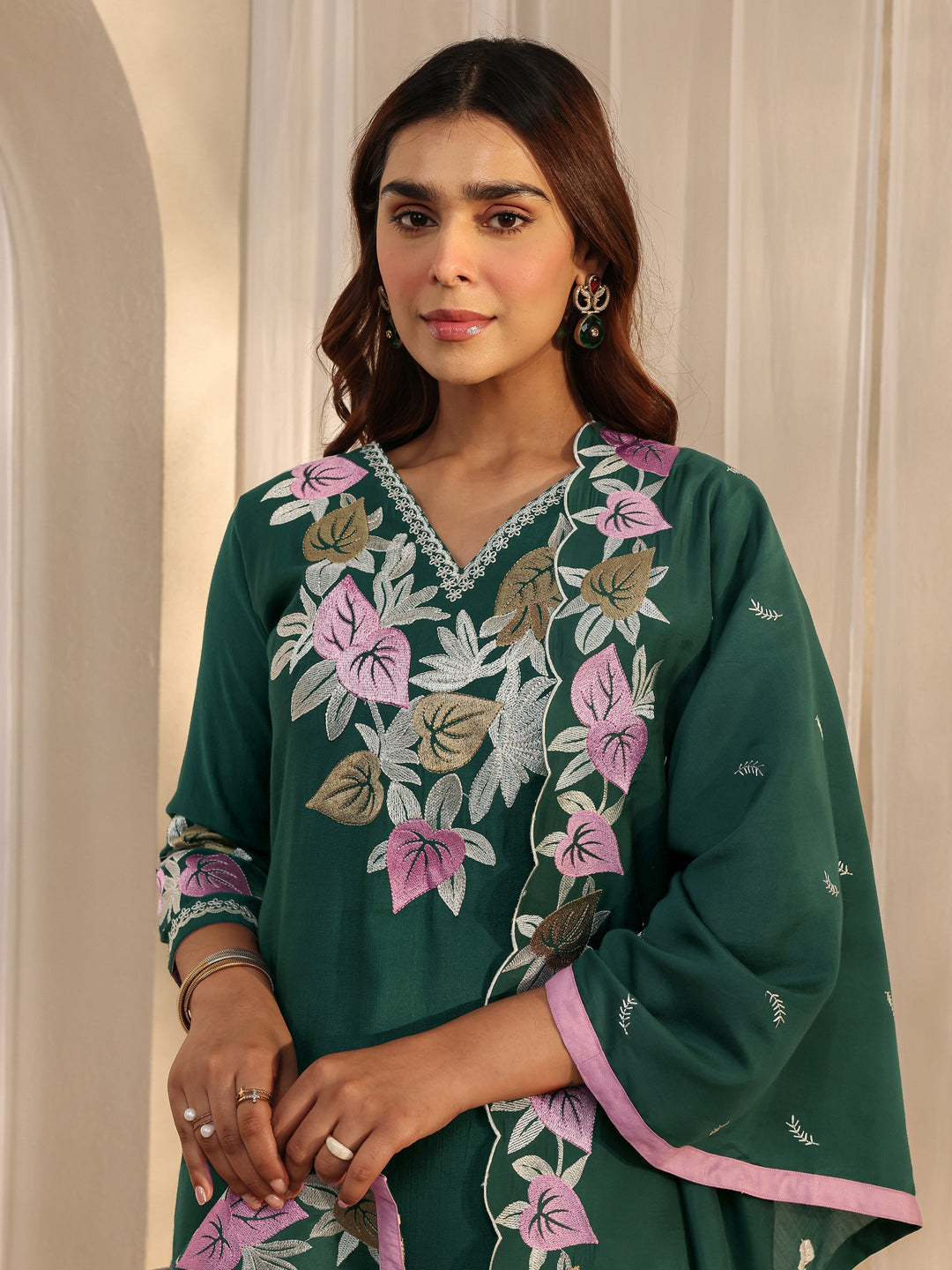  Green Floral Embroidered Silk Blend Straight Suit Set With Dupatta 