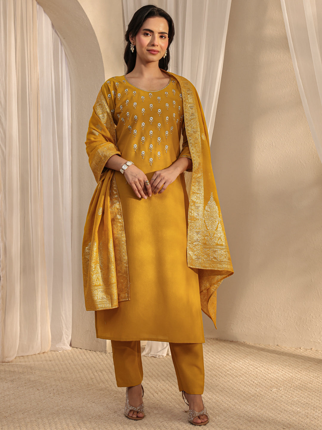  Mustard Floral Embroidered Silk Blend Straight Suit Set With Dupatta 