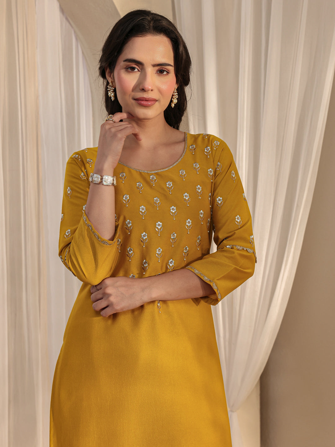  Mustard Floral Embroidered Silk Blend Straight Suit Set With Dupatta 