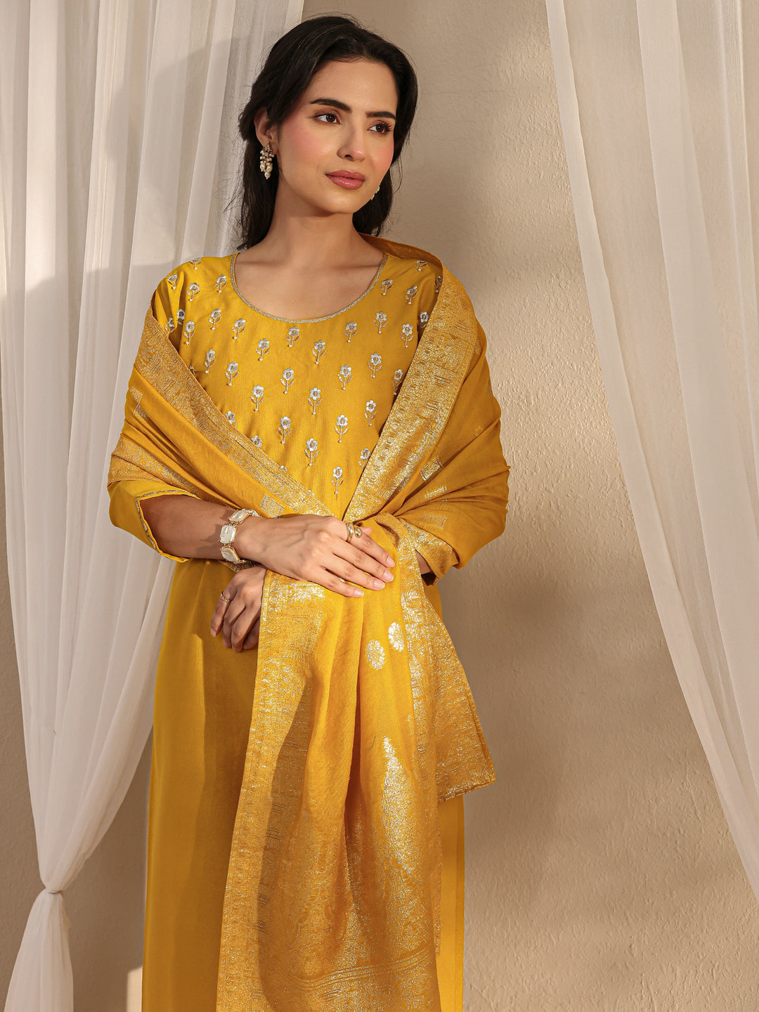  Mustard Floral Embroidered Silk Blend Straight Suit Set With Dupatta 
