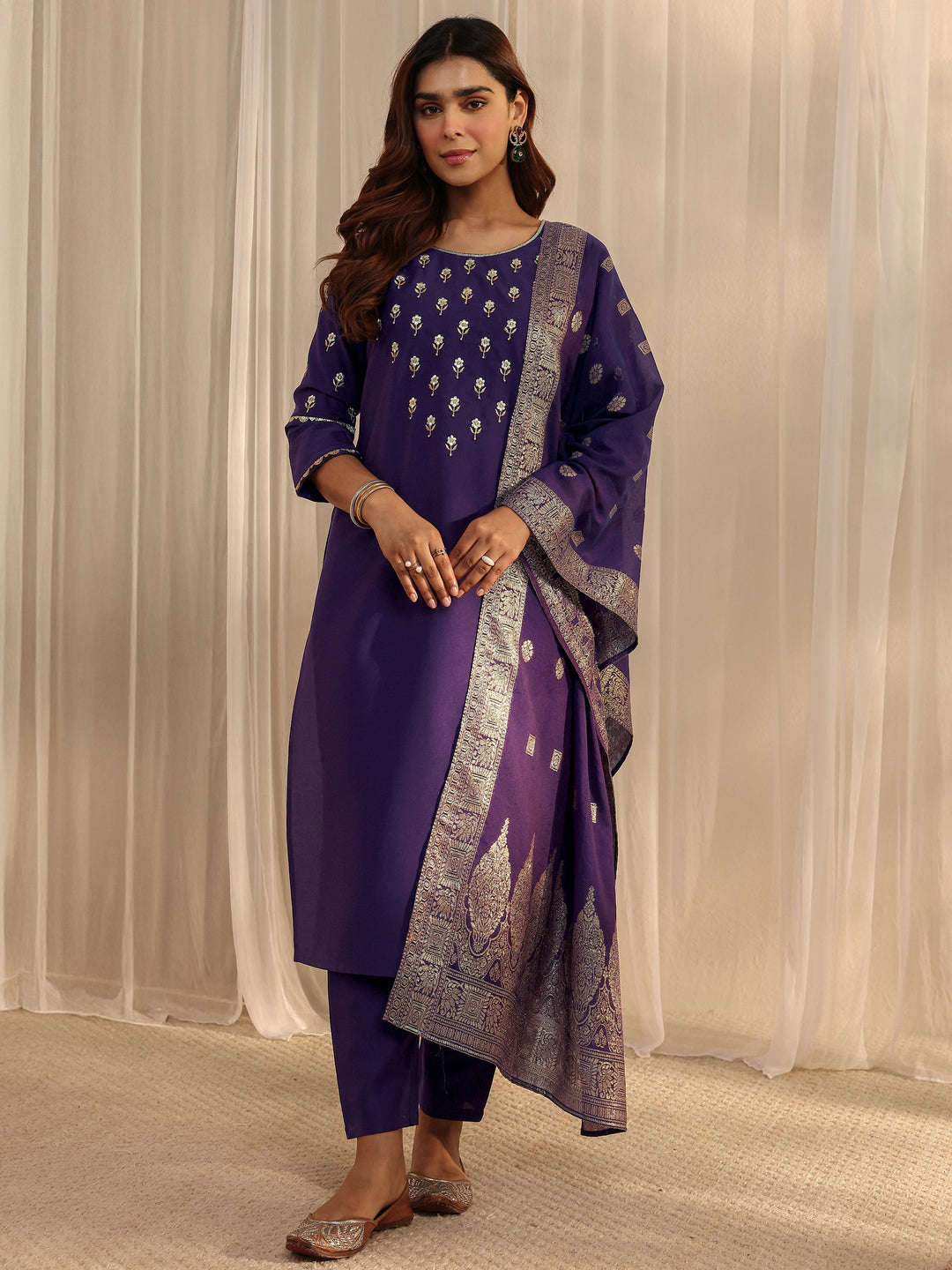  Purple Floral Embroidered Silk Blend Straight Suit Set With Dupatta 