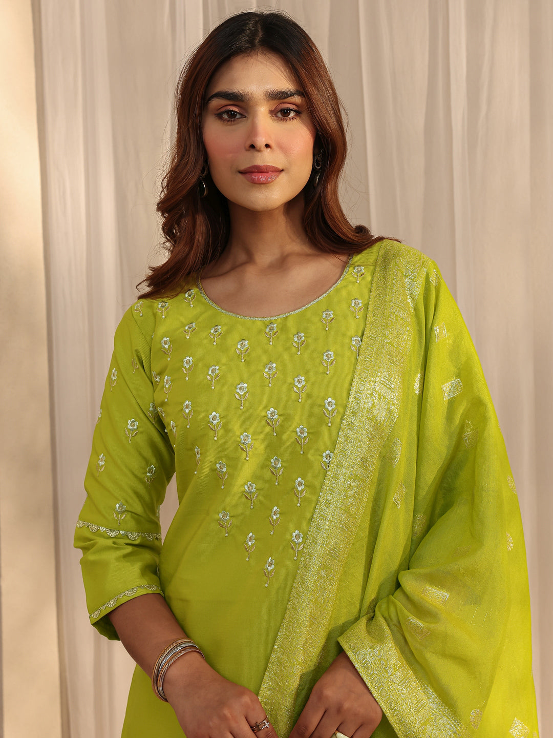  Green Floral Embroidered Silk Blend Straight Suit Set With Dupatta 