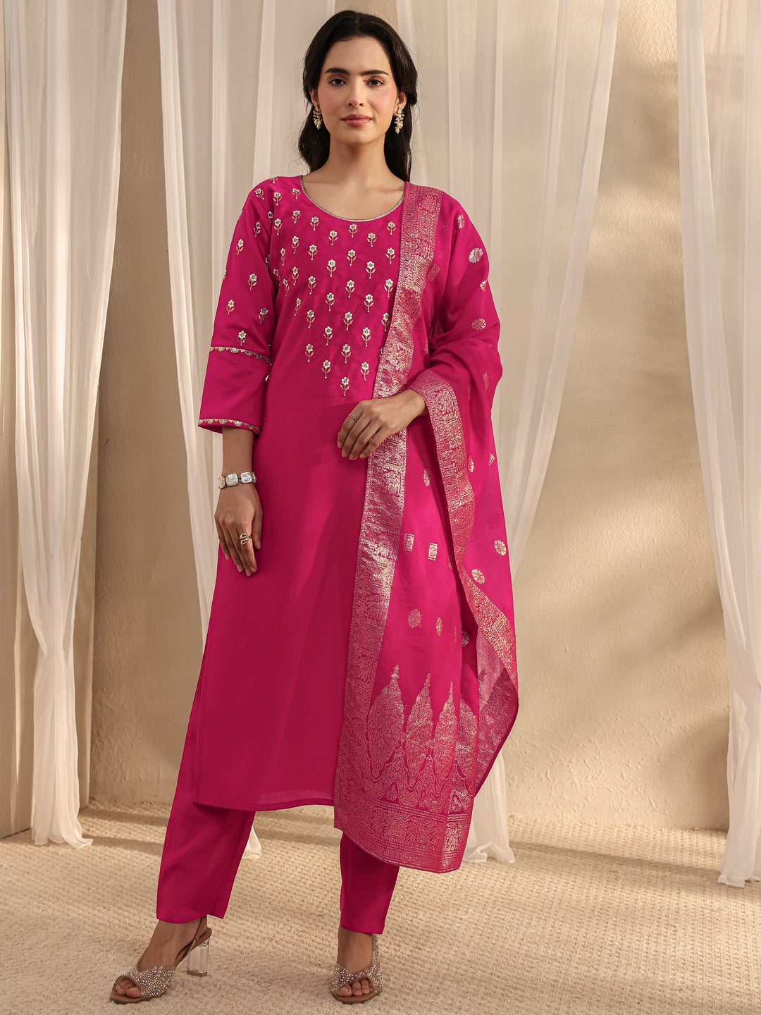  Pink Floral Embroidered Silk Blend Straight Suit Set With Dupatta 