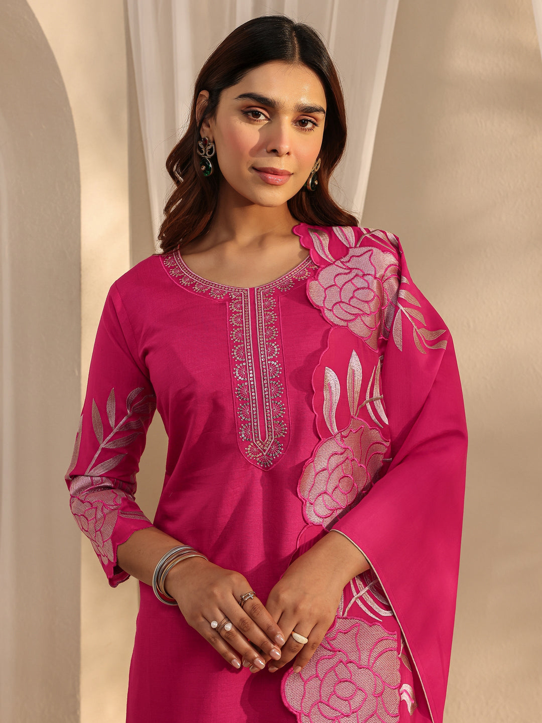  Pink Floral Embroidered Silk Blend Straight Suit Set With Dupatta 