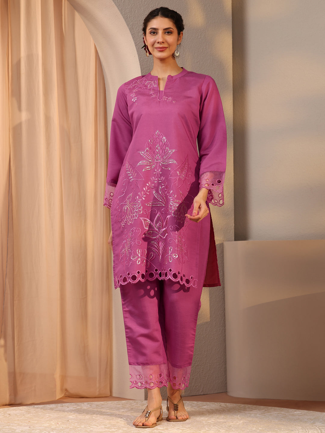  Pink Floral Embroidered Silk Blend Co-Ord Set 