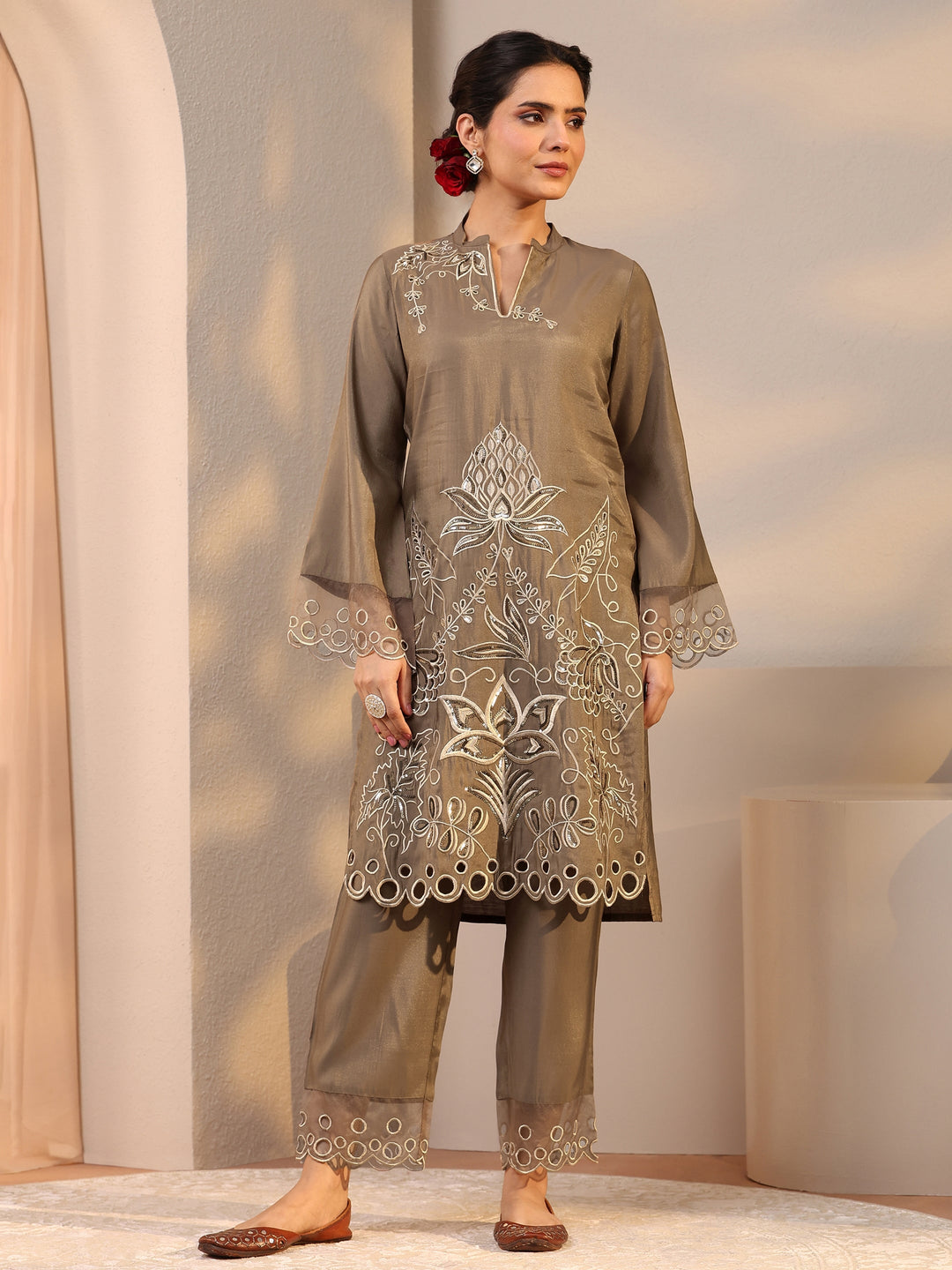  Brown Floral Embroidered Silk Blend Co-Ord Set 