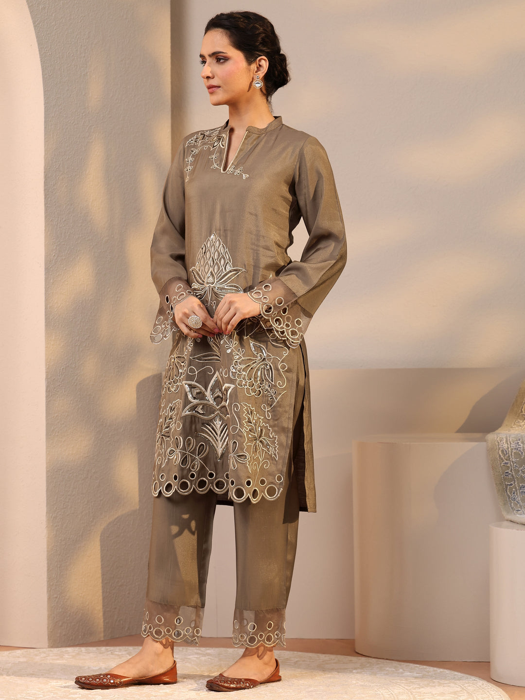  Brown Floral Embroidered Silk Blend Co-Ord Set 