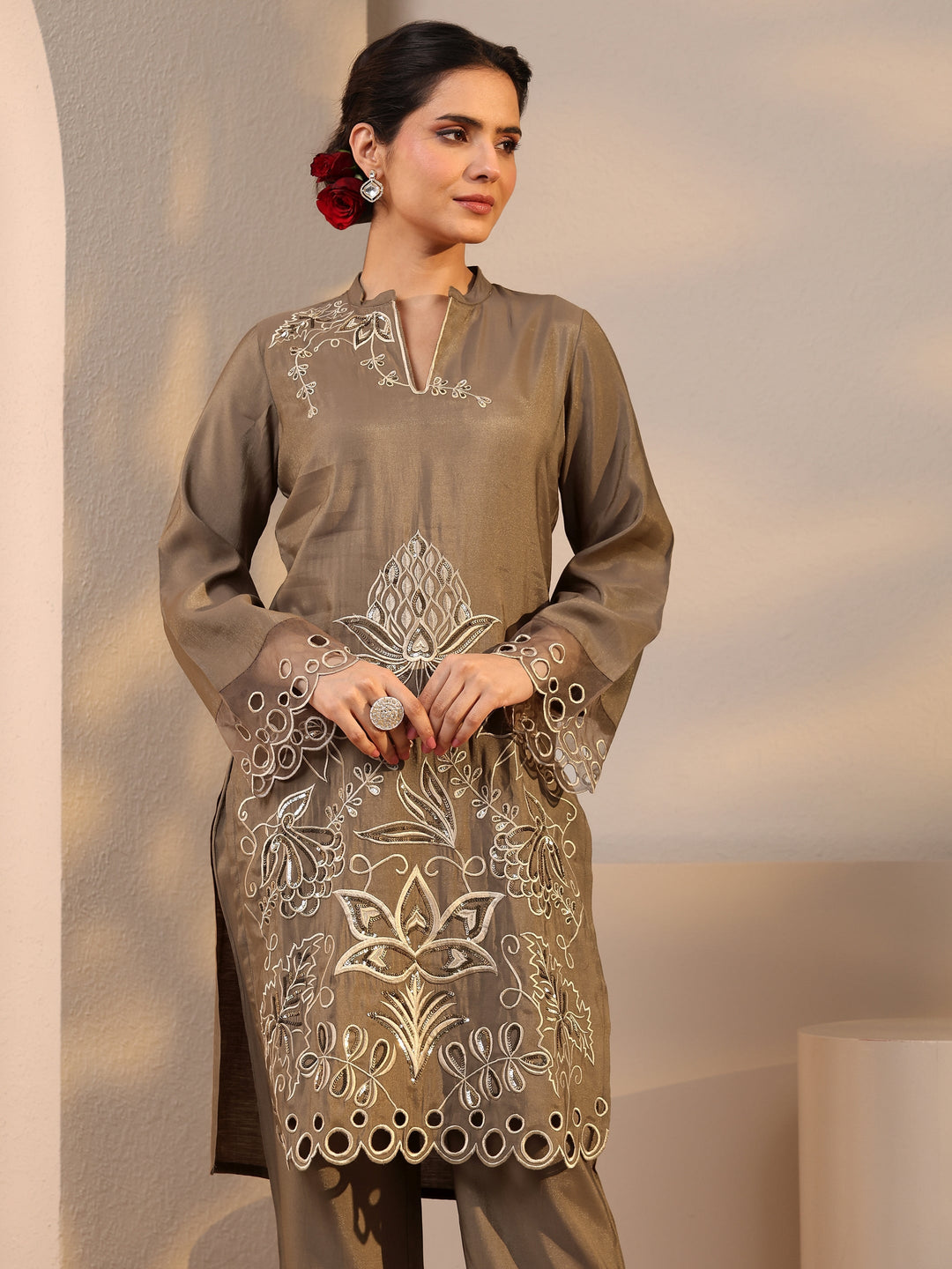  Brown Floral Embroidered Silk Blend Co-Ord Set 