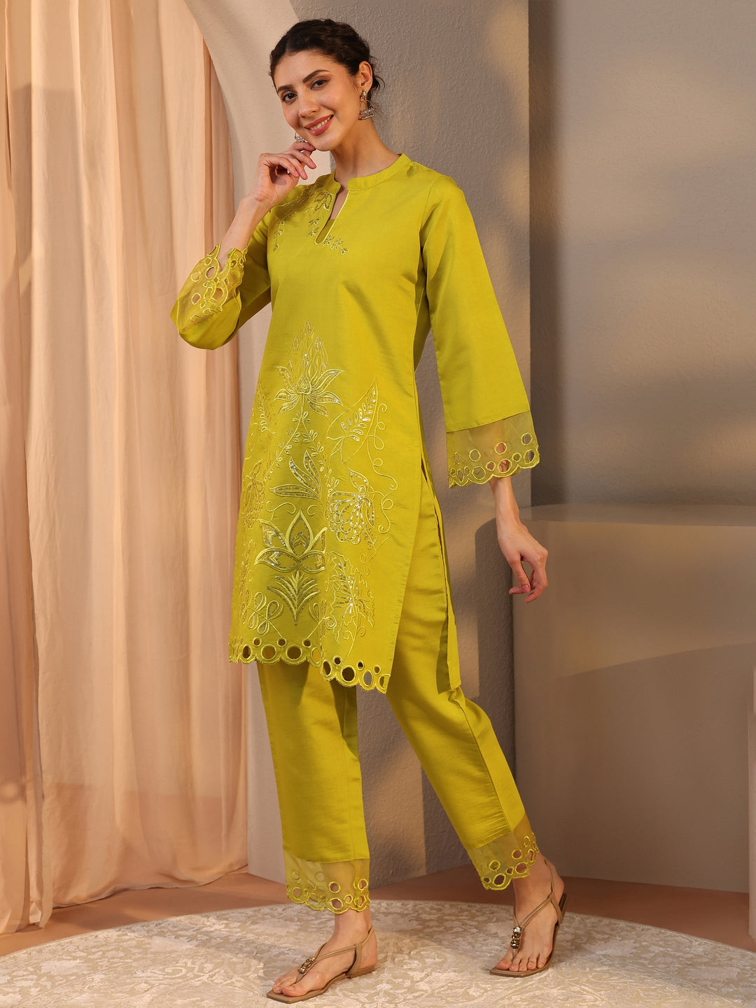  Green Floral Embroidered Silk Blend Co-Ord Set 