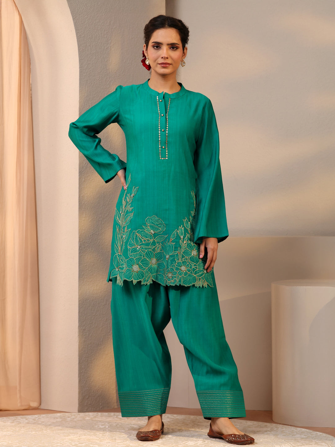  Green Floral Embellished Silk Blend Co-Ord Set 