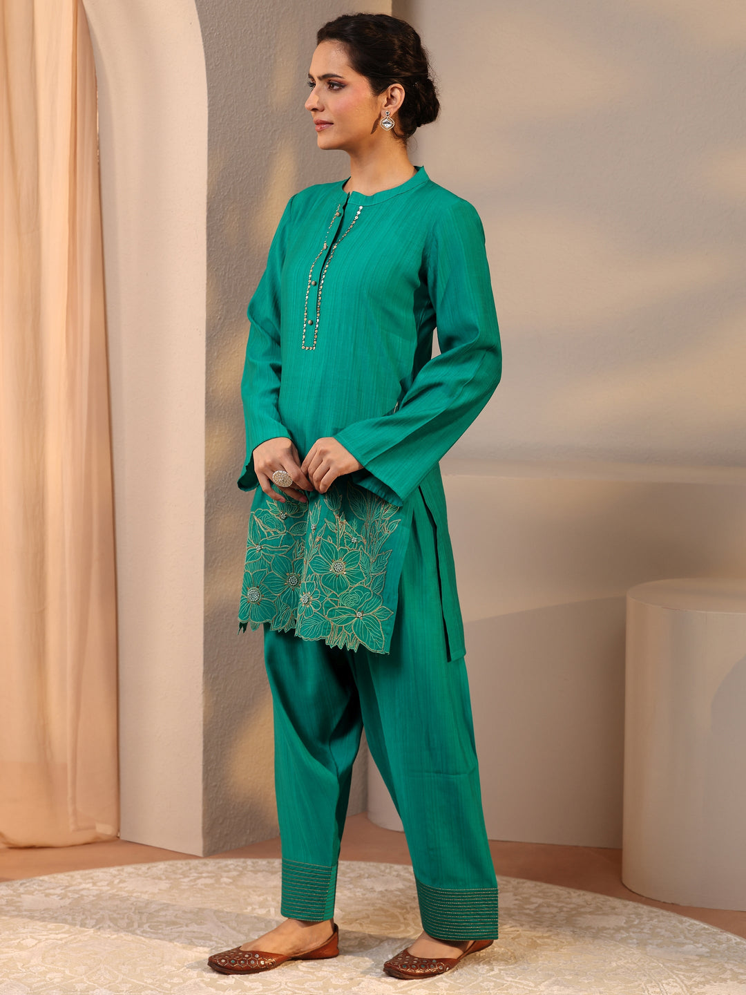  Green Floral Embellished Silk Blend Co-Ord Set 