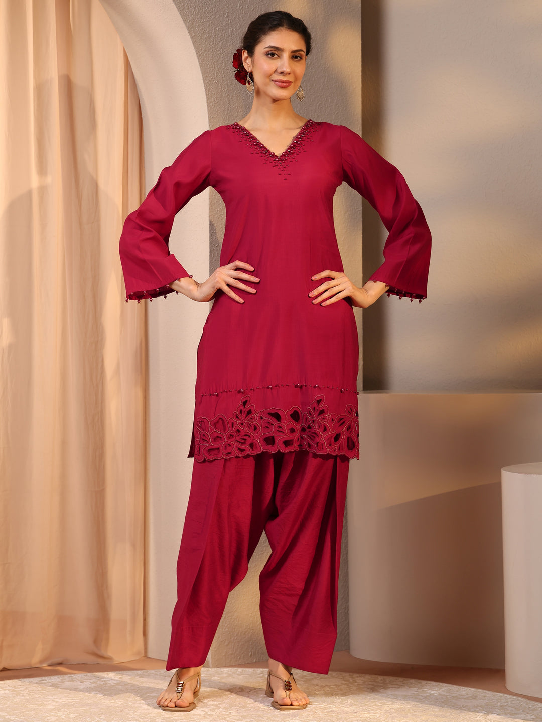  Libas Maroon Silk Blend Farshi Salwar Kurta Set 