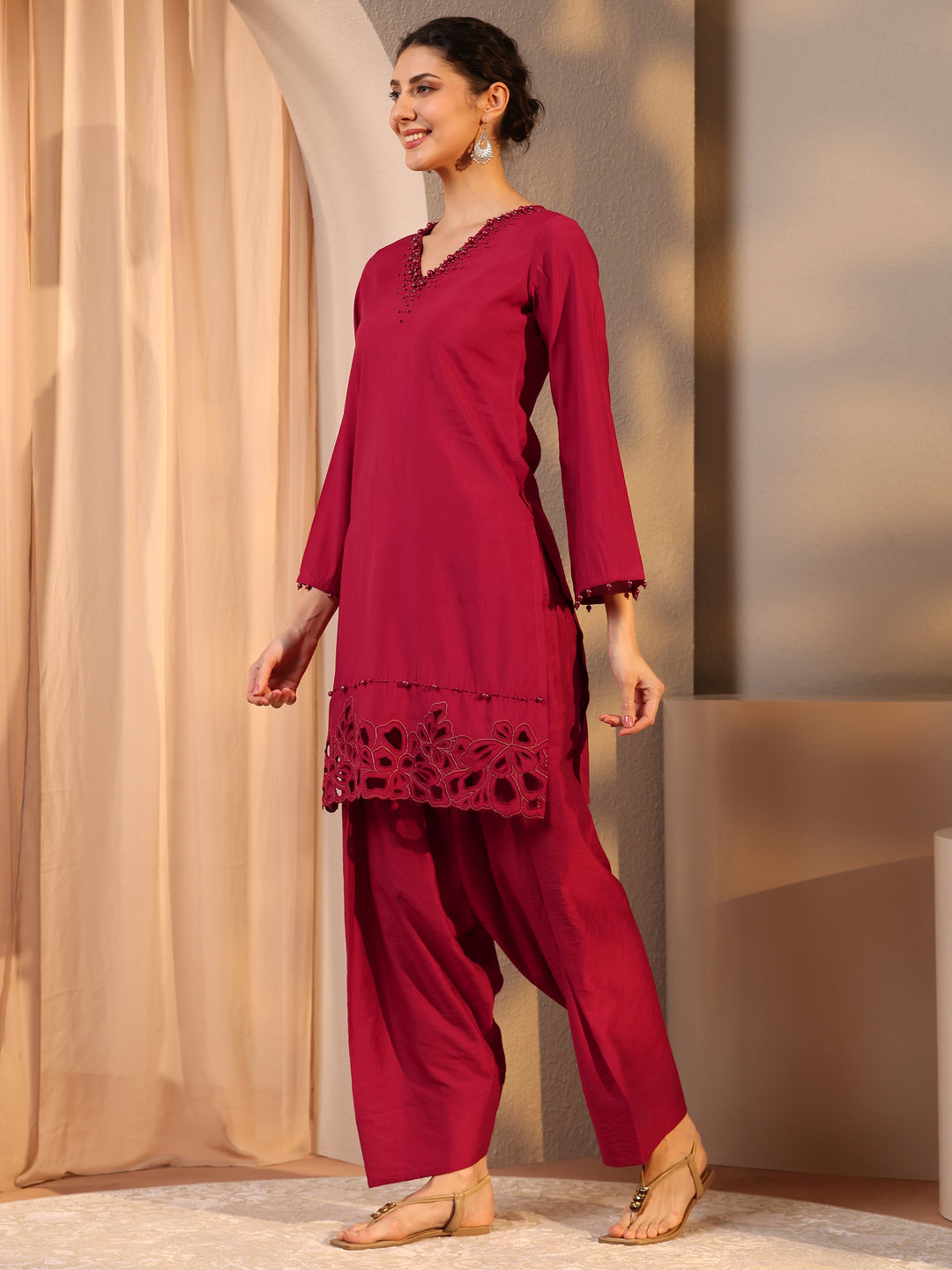  Libas Maroon Silk Blend Farshi Salwar Kurta Set 