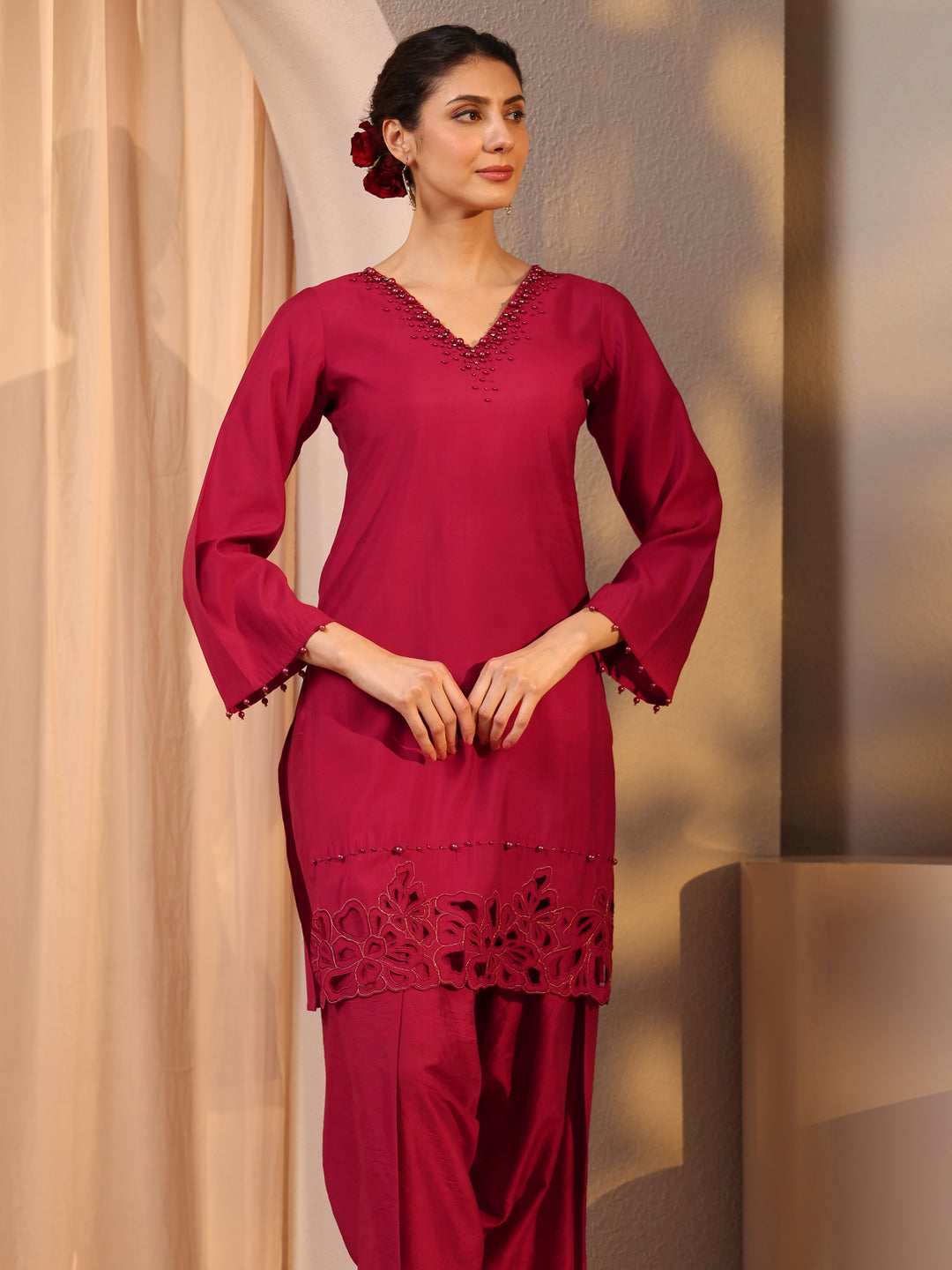  Libas Maroon Silk Blend Farshi Salwar Kurta Set 