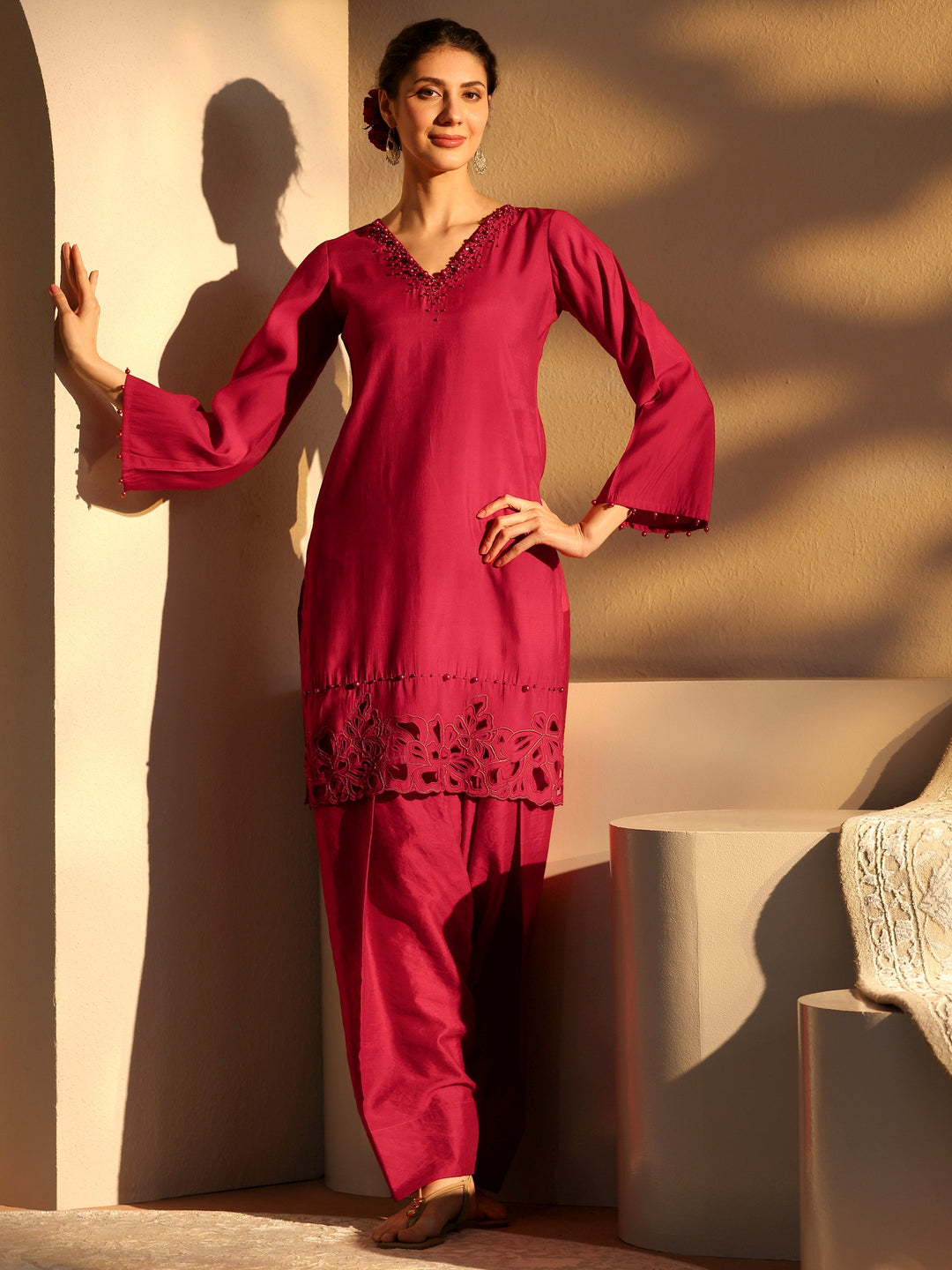  Maroon Floral Embroidered Silk Blend Co-Ord Set 
