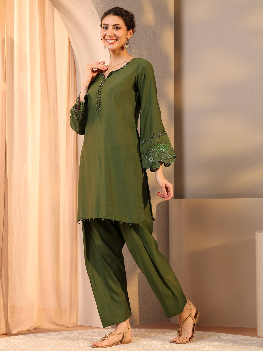  Olive Embellished Silk Blend Co-Ord Set 