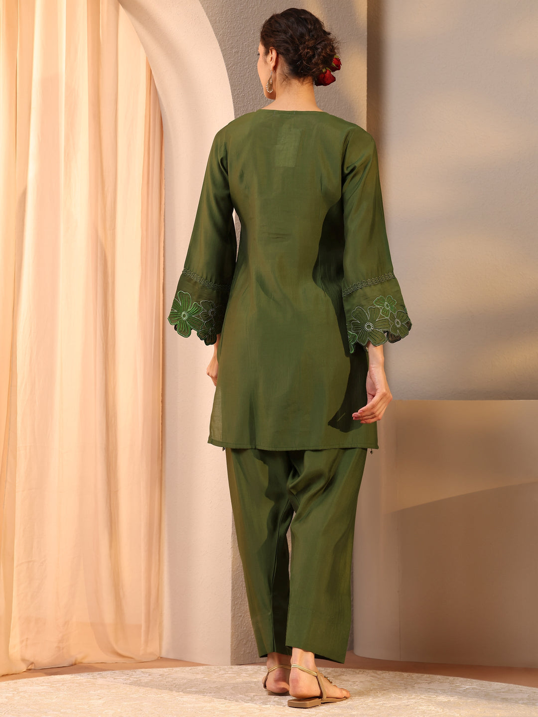  Olive Embellished Silk Blend Co-Ord Set 