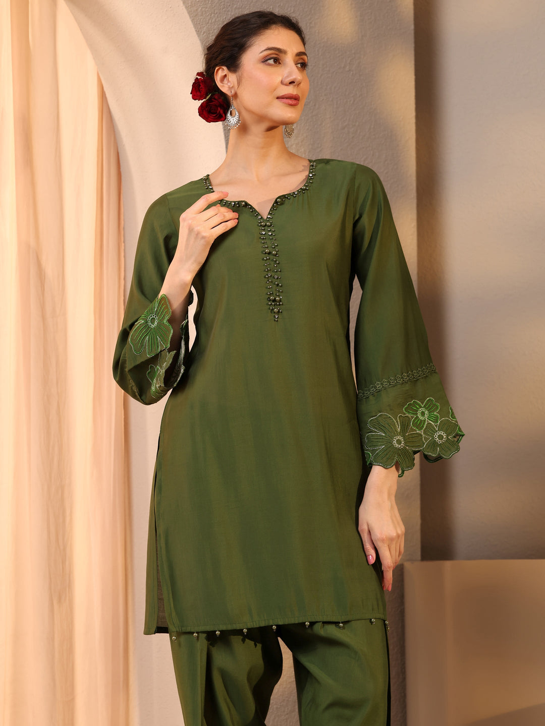  Olive Embellished Silk Blend Co-Ord Set 