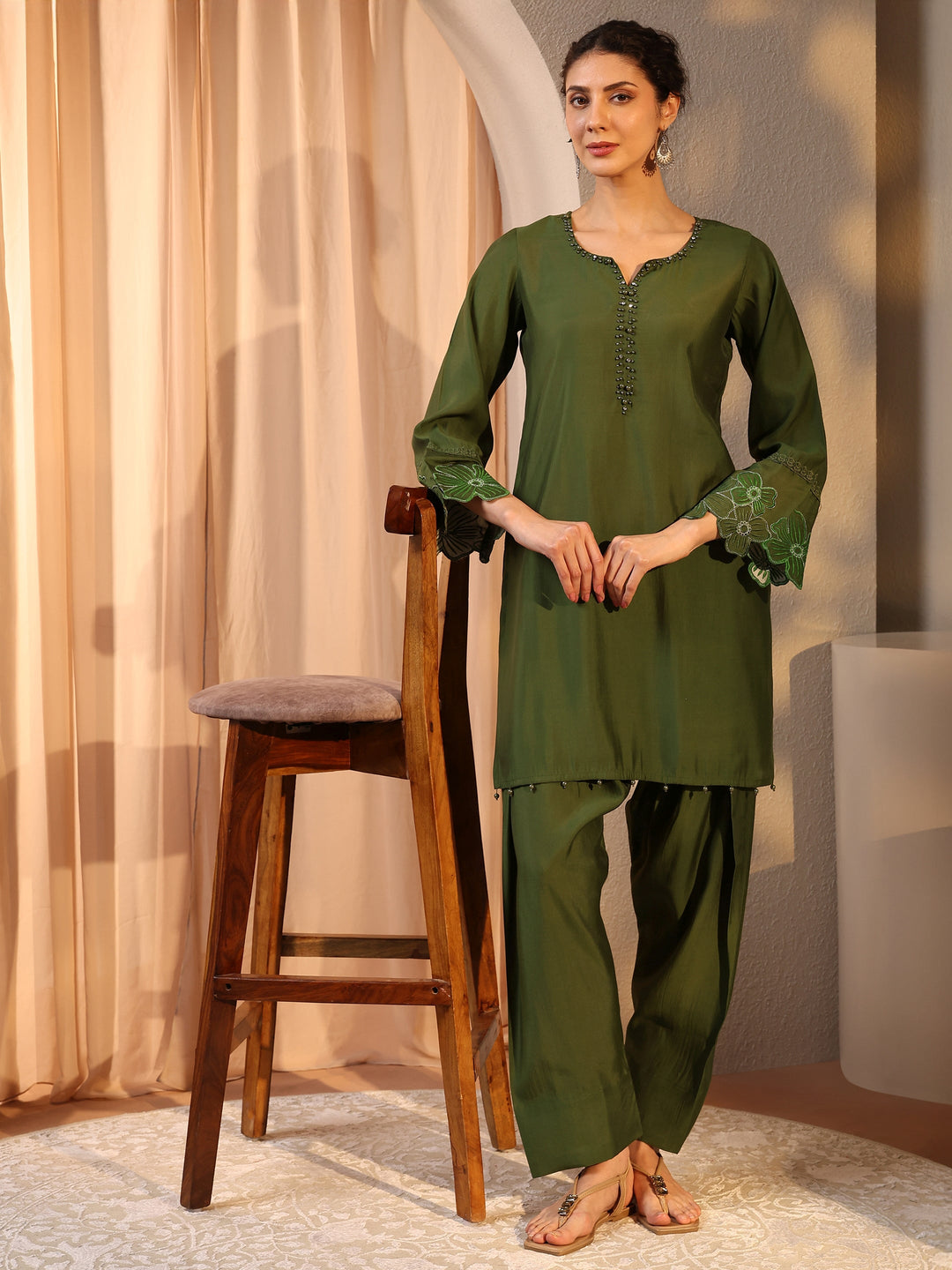  Olive Embellished Silk Blend Co-Ord Set 
