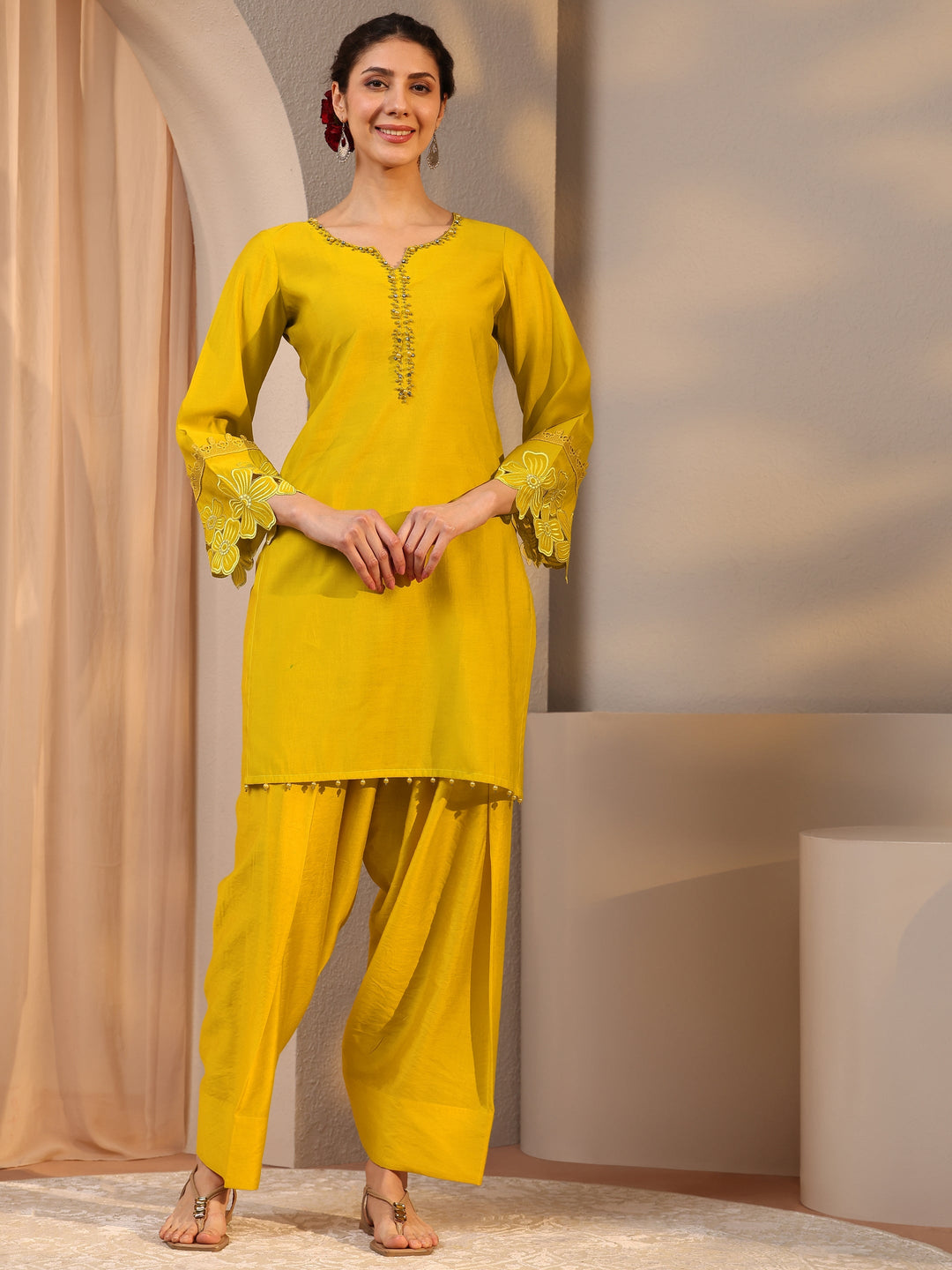  Mustard Embellished Silk Blend Co-Ord Set 