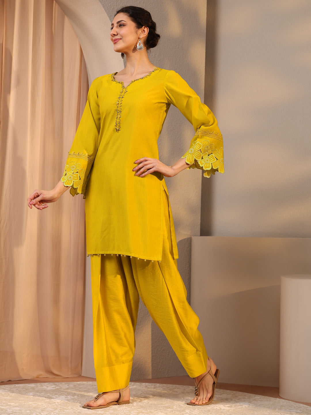  Mustard Embellished Silk Blend Co-Ord Set 