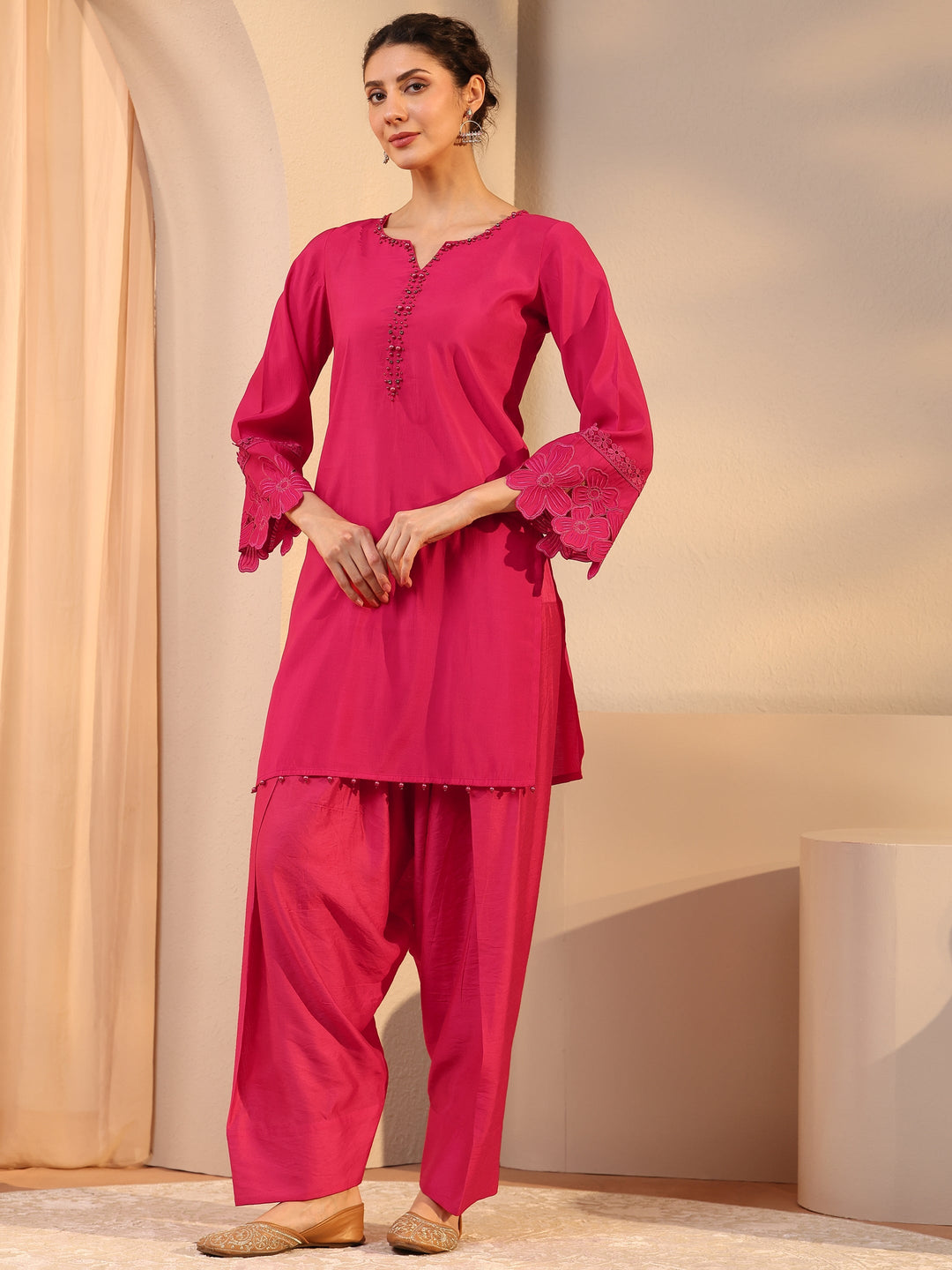  Pink Embellished Silk Blend Co-Ord Set 