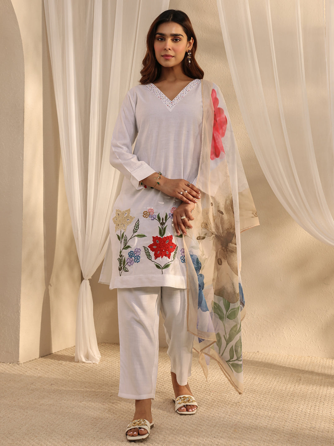  White Floral Embroidered Silk Blend Straight Suit Set With Dupatta 