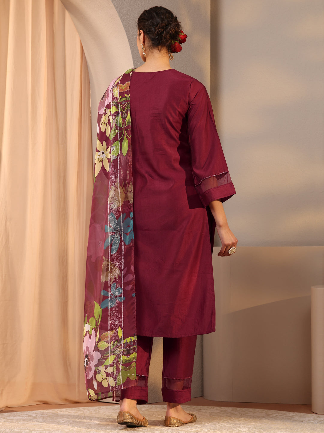  Maroon Floral Embroidered Silk Blend Straight Suit Set With Dupatta 