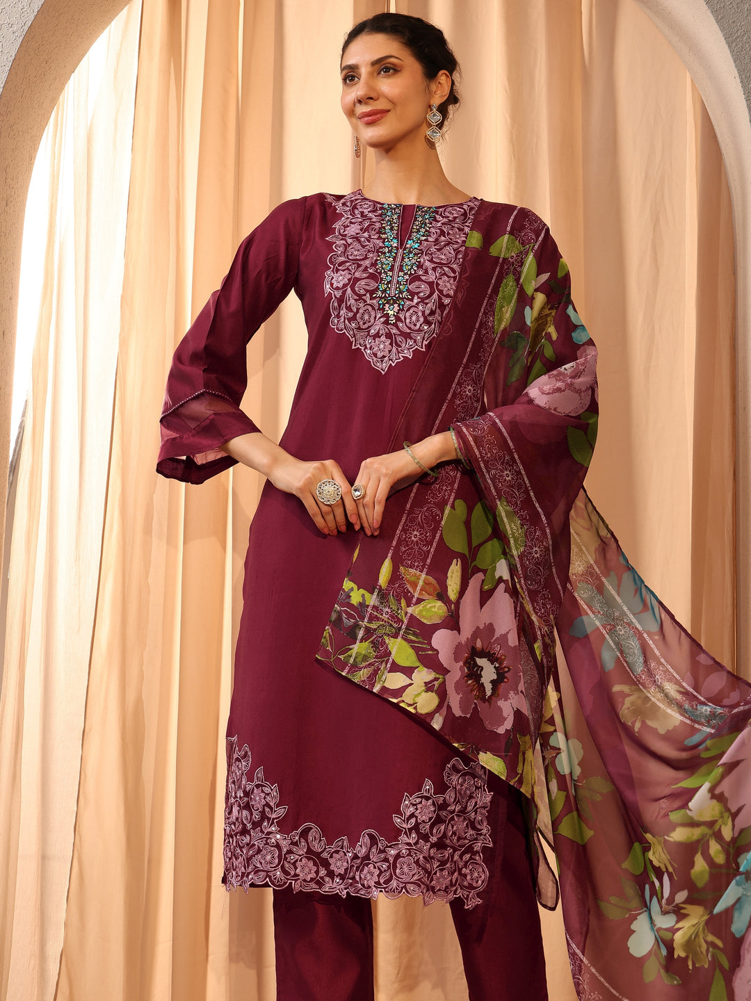  Maroon Floral Embroidered Silk Blend Straight Suit Set With Dupatta 