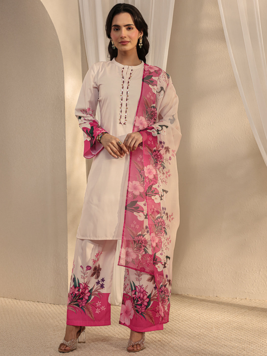  Ivory Floral Printed Silk Blend Straight Suit Set With Dupatta 