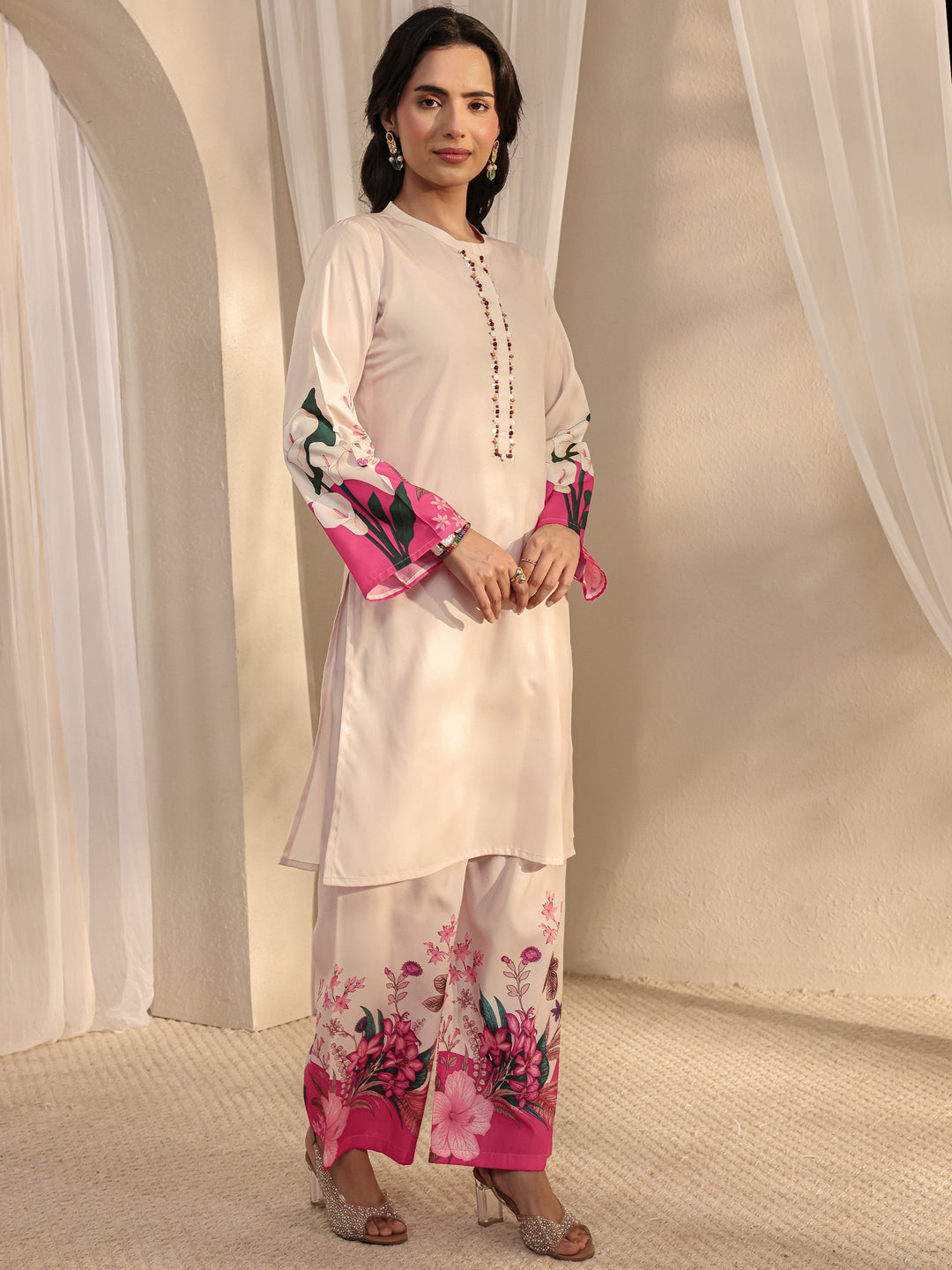  Ivory Floral Printed Silk Blend Straight Suit Set With Dupatta 
