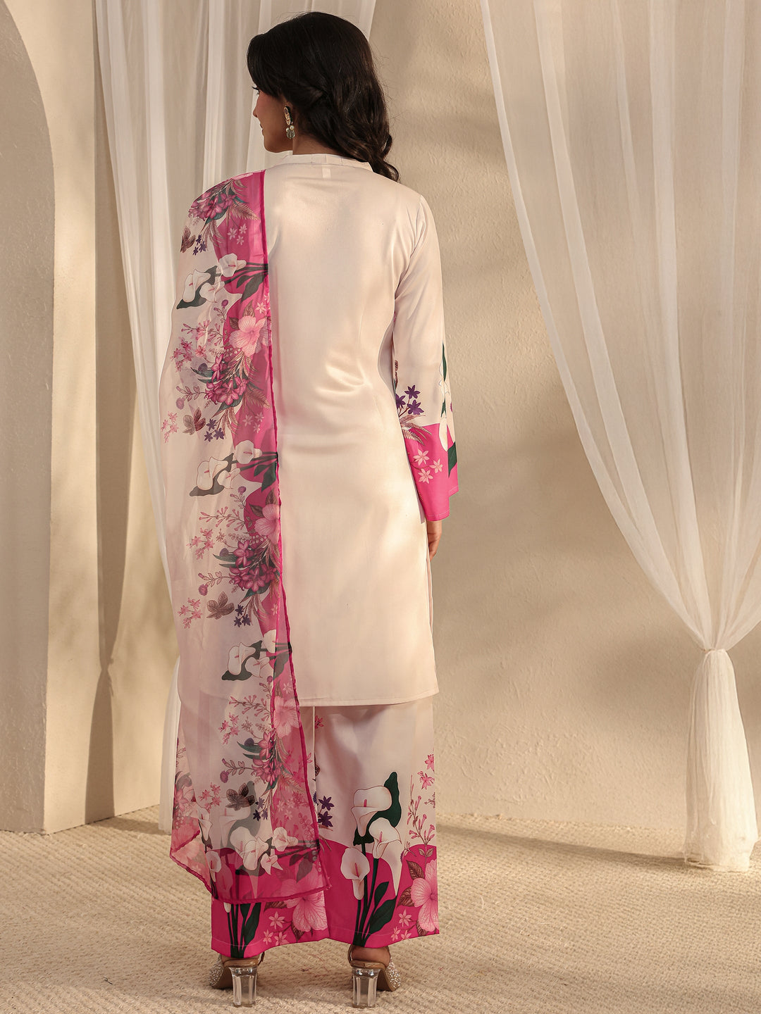  Ivory Floral Printed Silk Blend Straight Suit Set With Dupatta 
